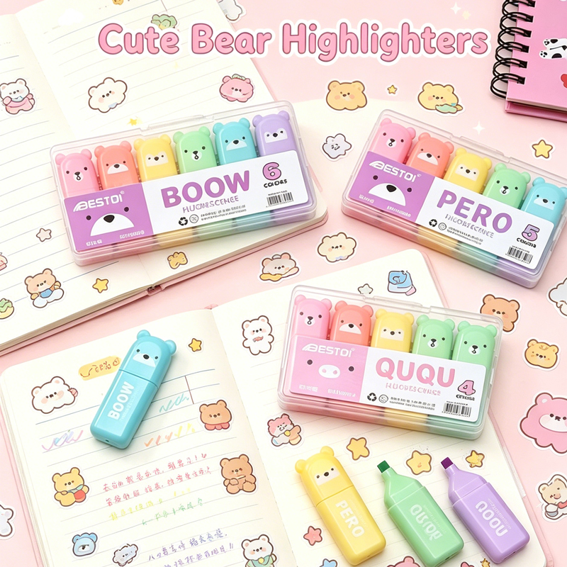 Highlighter Set Pastel - 4/6/12 Pcs Kawaii Bear Highlighter Pens